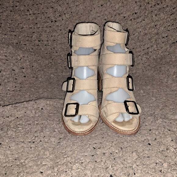 FREEBIRD BY STEVEN-Quail-Beige Leather Sandals Gladiator Wood Heel-Sz6-Excellent - Picture 4 of 9